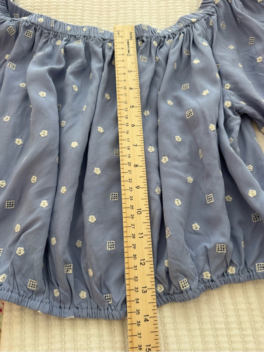 Boho Peasant Blouse Medium Blue Embroidered Off Shoulder Cottagecore Peasant - Picture 10 of 10